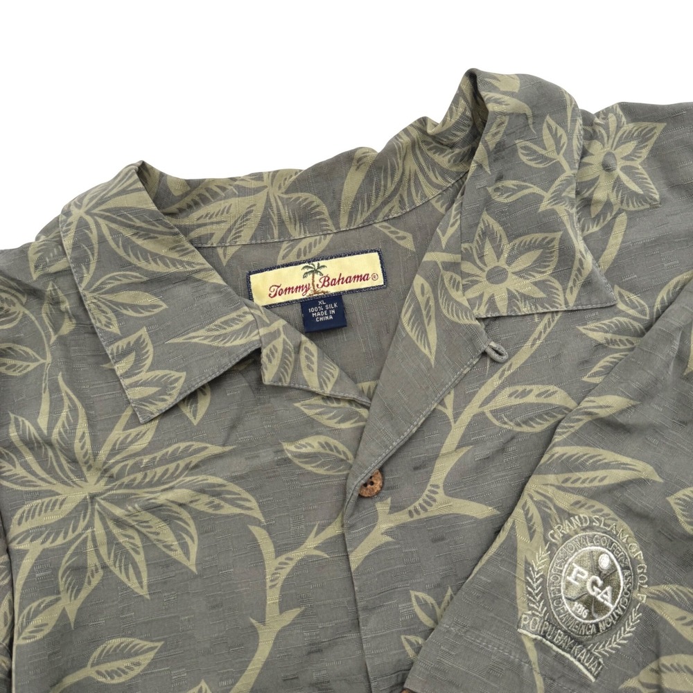 Tommy Bahama Shirt Men's XL Green Silk PGA Grand Slam Golf Floral Camp Button Up